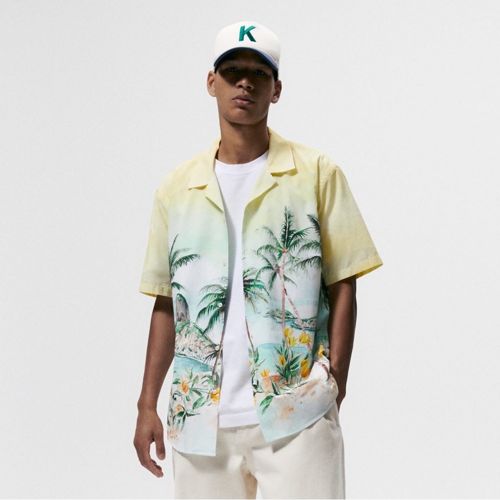 NWT Zara Yellow Green Palm Tree Print SS Shirt Men’s Sz XL